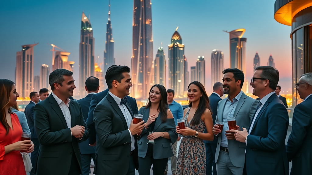 GITEX Dubai venture networking event at dusk with founders and investors networking.