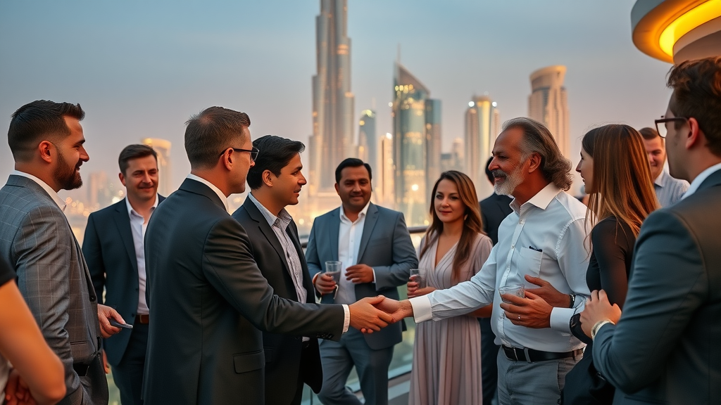 Networking event at Dubai rooftop with entrepreneurs and investors during GITEX.
